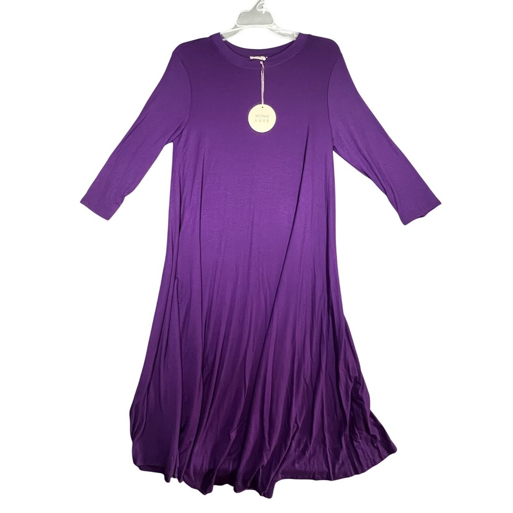ICONIC LUXE Women's Purple Rayon Blend Midi Dress 3/4 Sleeve‎ Pullover Casual S